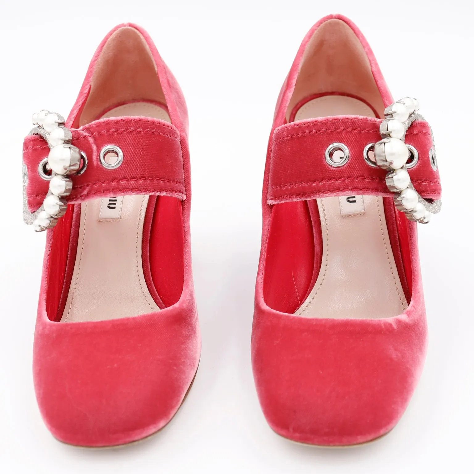 2017 Miu Miu New Pink Velvet Mary Jane Shoes w Pearl Buckles & Block Heels