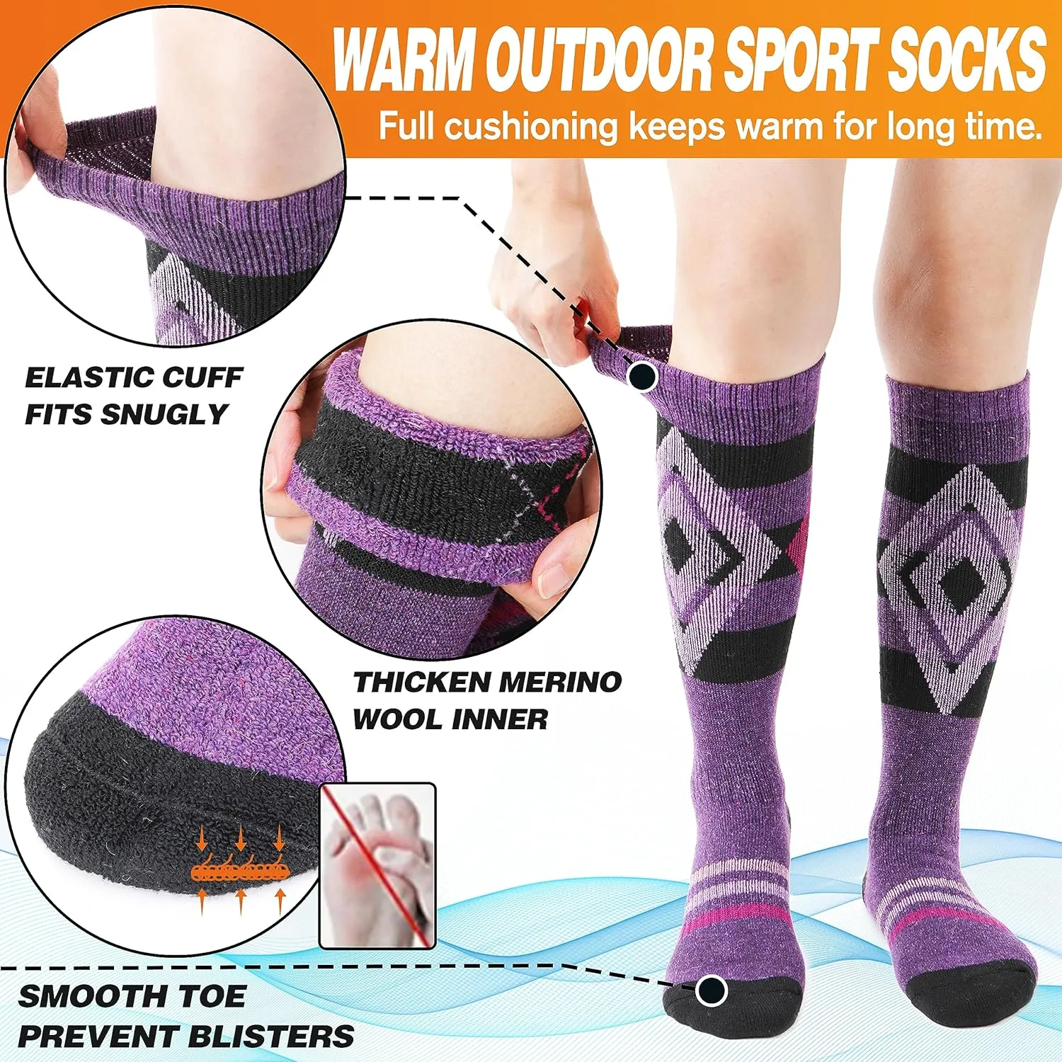 3 Pairs Wool Ski Socks for Womens Mens, Thermal Winter Warm Thick Knee High Socks for Skiing Snowboarding