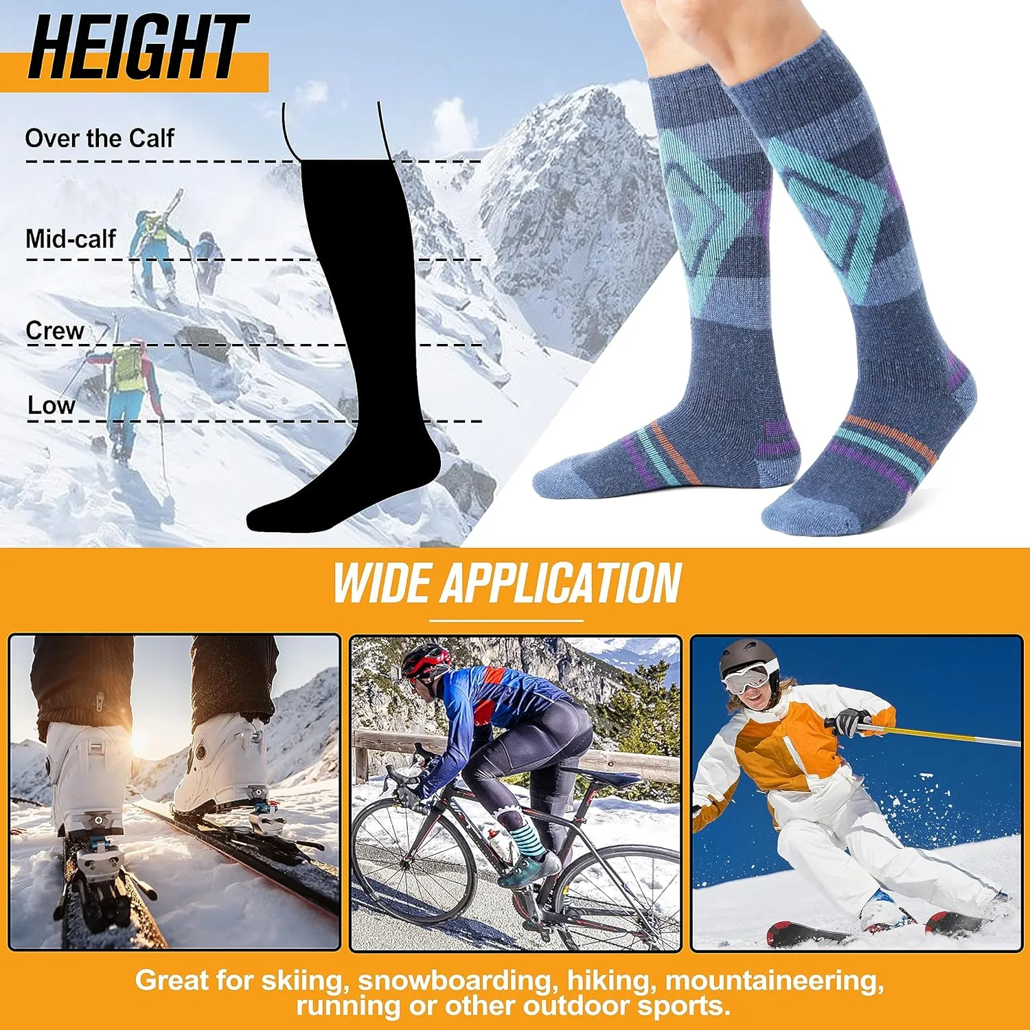 3 Pairs Wool Ski Socks for Womens Mens, Thermal Winter Warm Thick Knee High Socks for Skiing Snowboarding