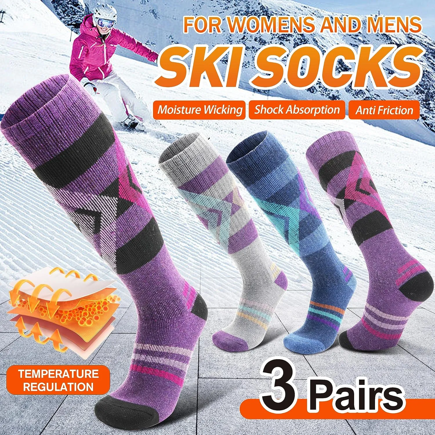 3 Pairs Wool Ski Socks for Womens Mens, Thermal Winter Warm Thick Knee High Socks for Skiing Snowboarding