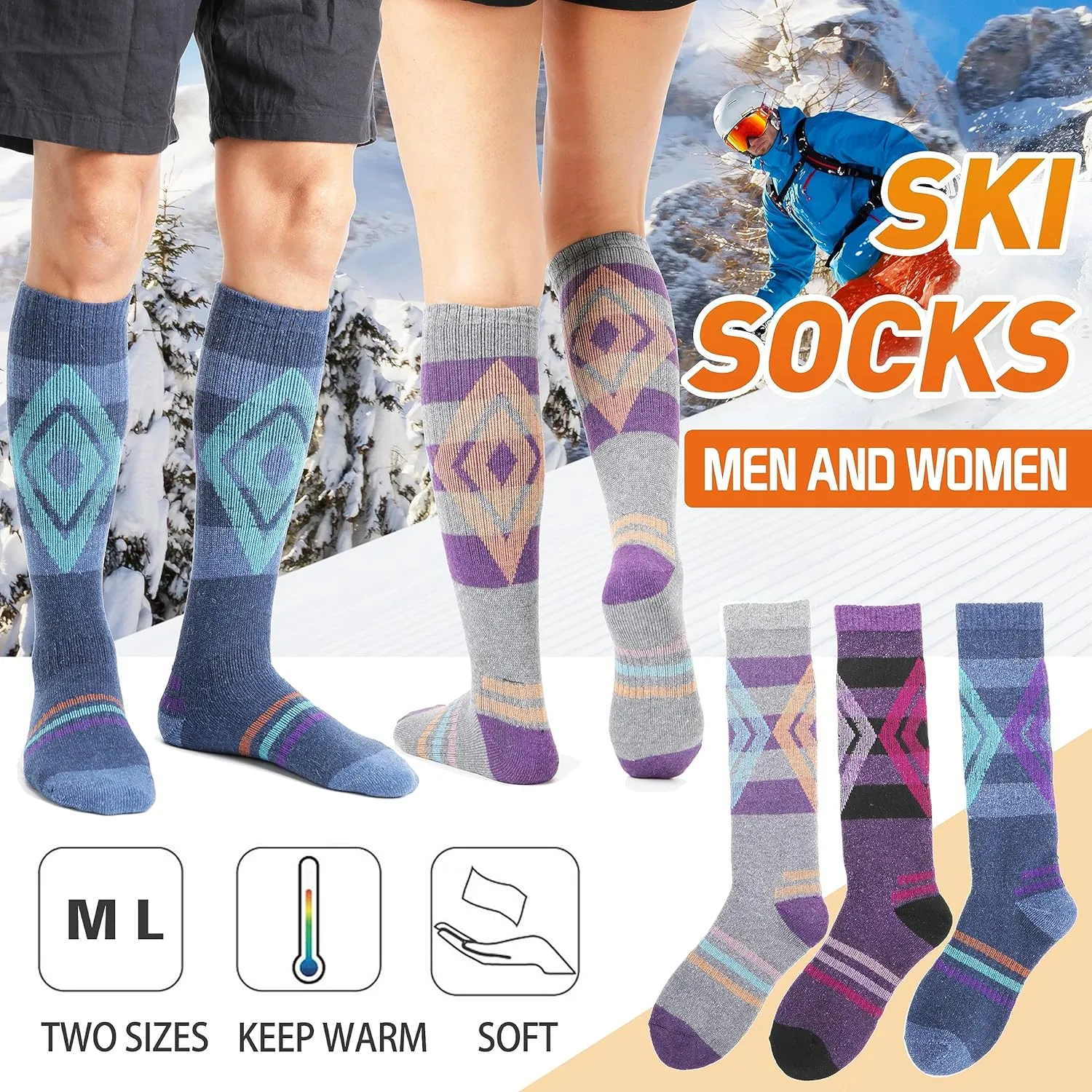 3 Pairs Wool Ski Socks for Womens Mens, Thermal Winter Warm Thick Knee High Socks for Skiing Snowboarding