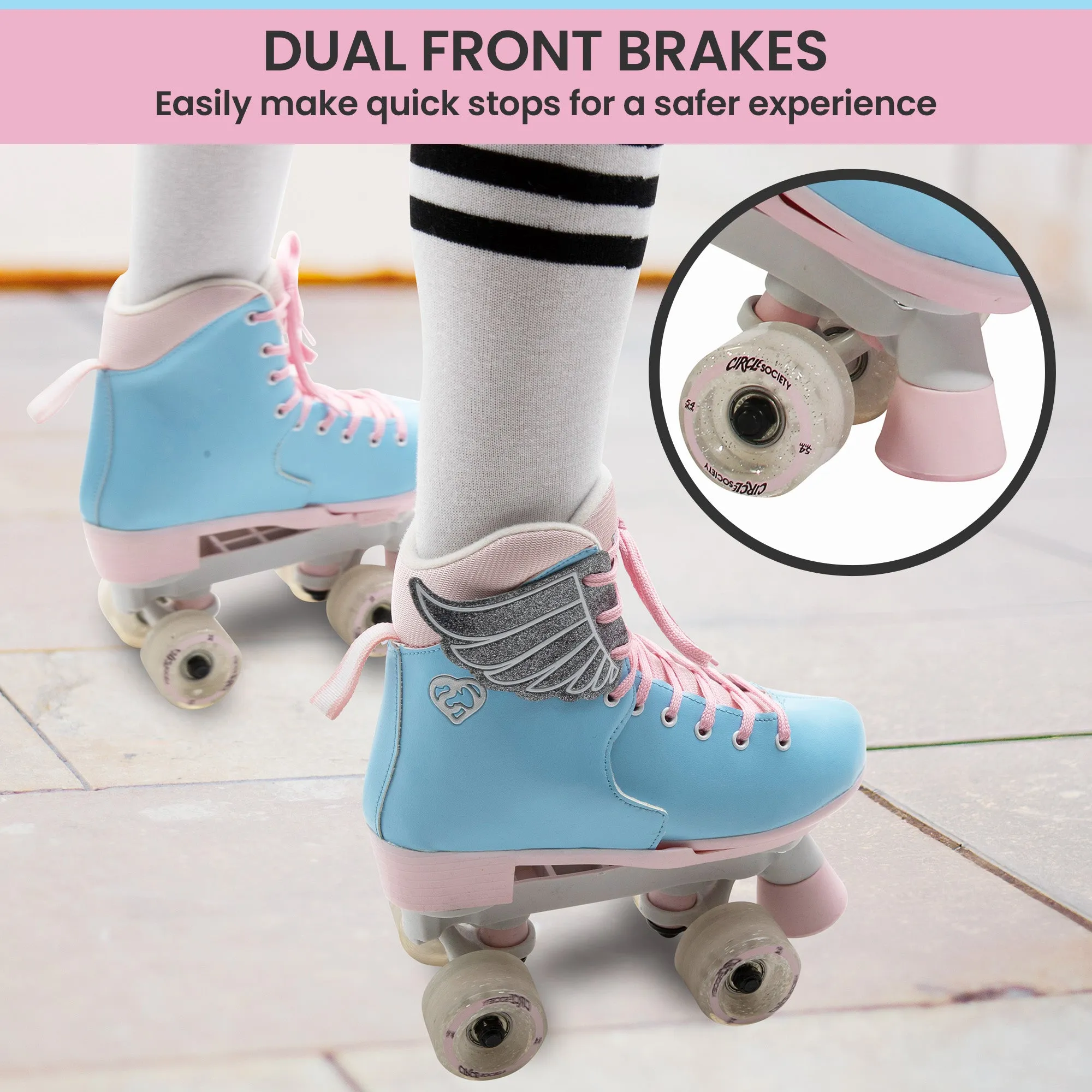 Adjustable Kids Quad Roller Skates, ABEC 7, Faux Leather - Circle Society