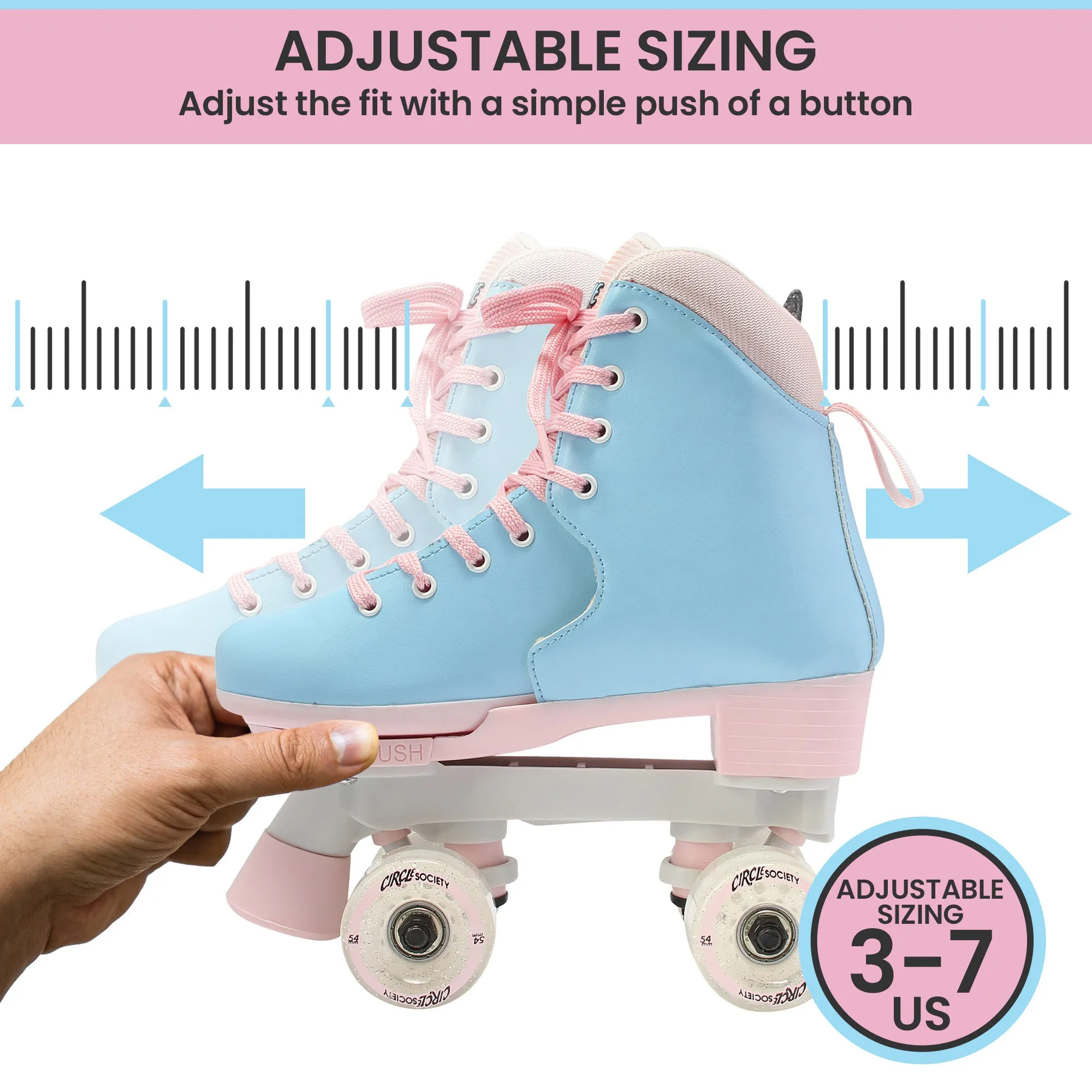 Adjustable Kids Quad Roller Skates, ABEC 7, Faux Leather - Circle Society