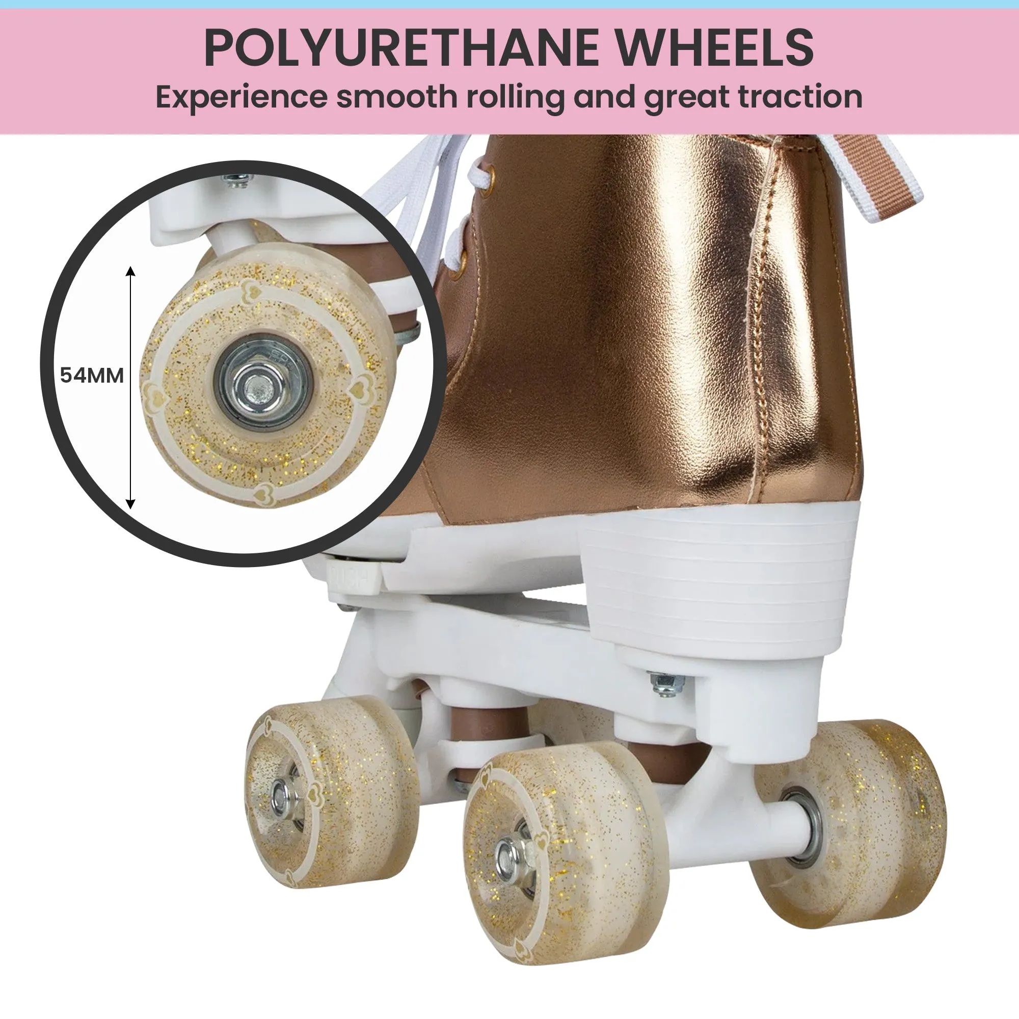 Adjustable Quad Kids Roller Skates, ABEC 7 Bearings, Metallic Rose Gold - Circle Society