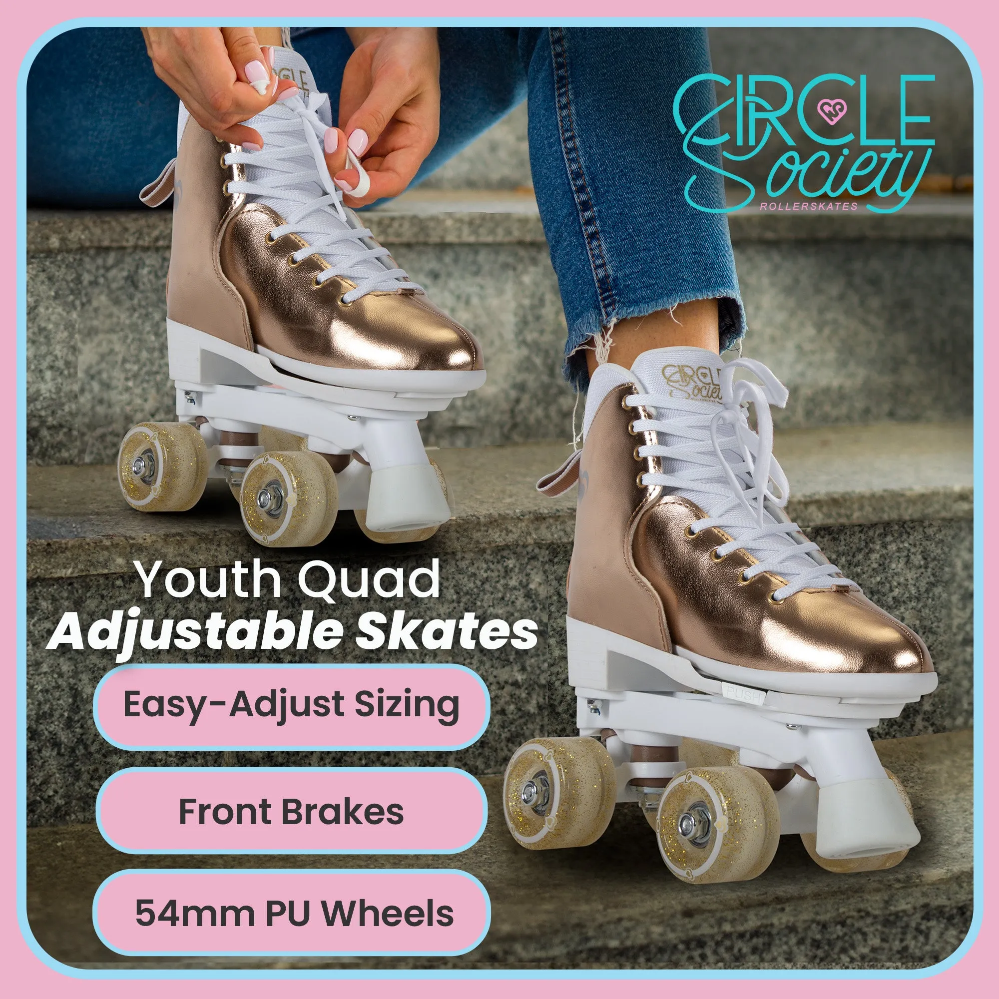 Adjustable Quad Kids Roller Skates, ABEC 7 Bearings, Metallic Rose Gold - Circle Society