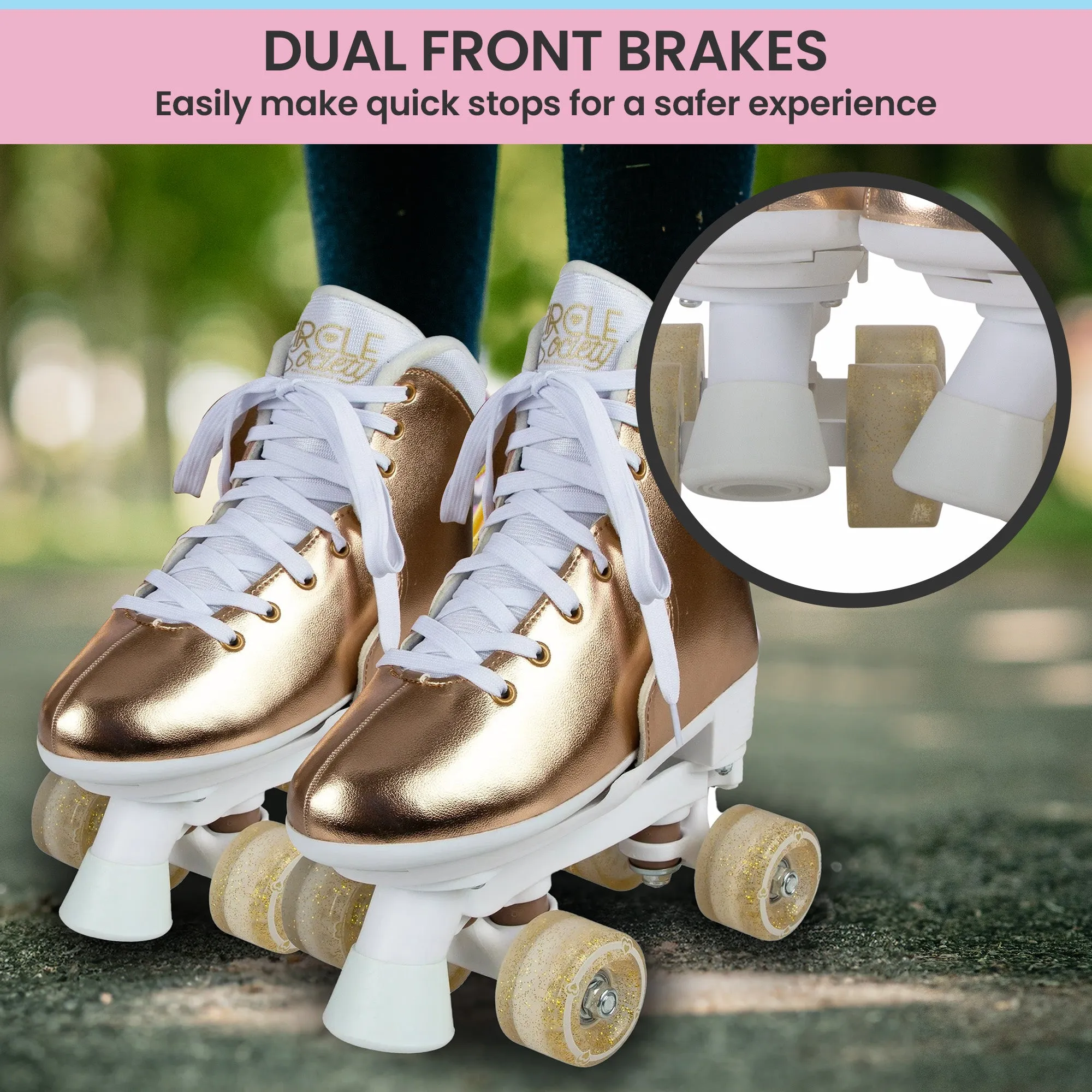 Adjustable Quad Kids Roller Skates, ABEC 7 Bearings, Metallic Rose Gold - Circle Society