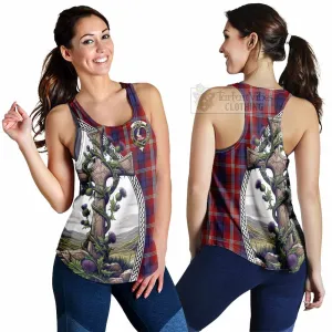 Ainslie Tartan Women's Racerback Tanks with Family Crest and St. Andrew's Cross Accented by Thistle Vines