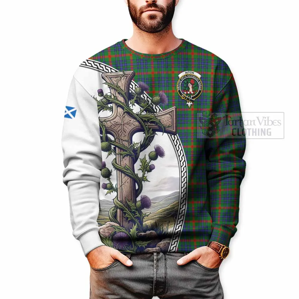 Aiton Tartan Sweatshirt with Family Crest and St. Andrew's Cross Accented by Thistle Vines