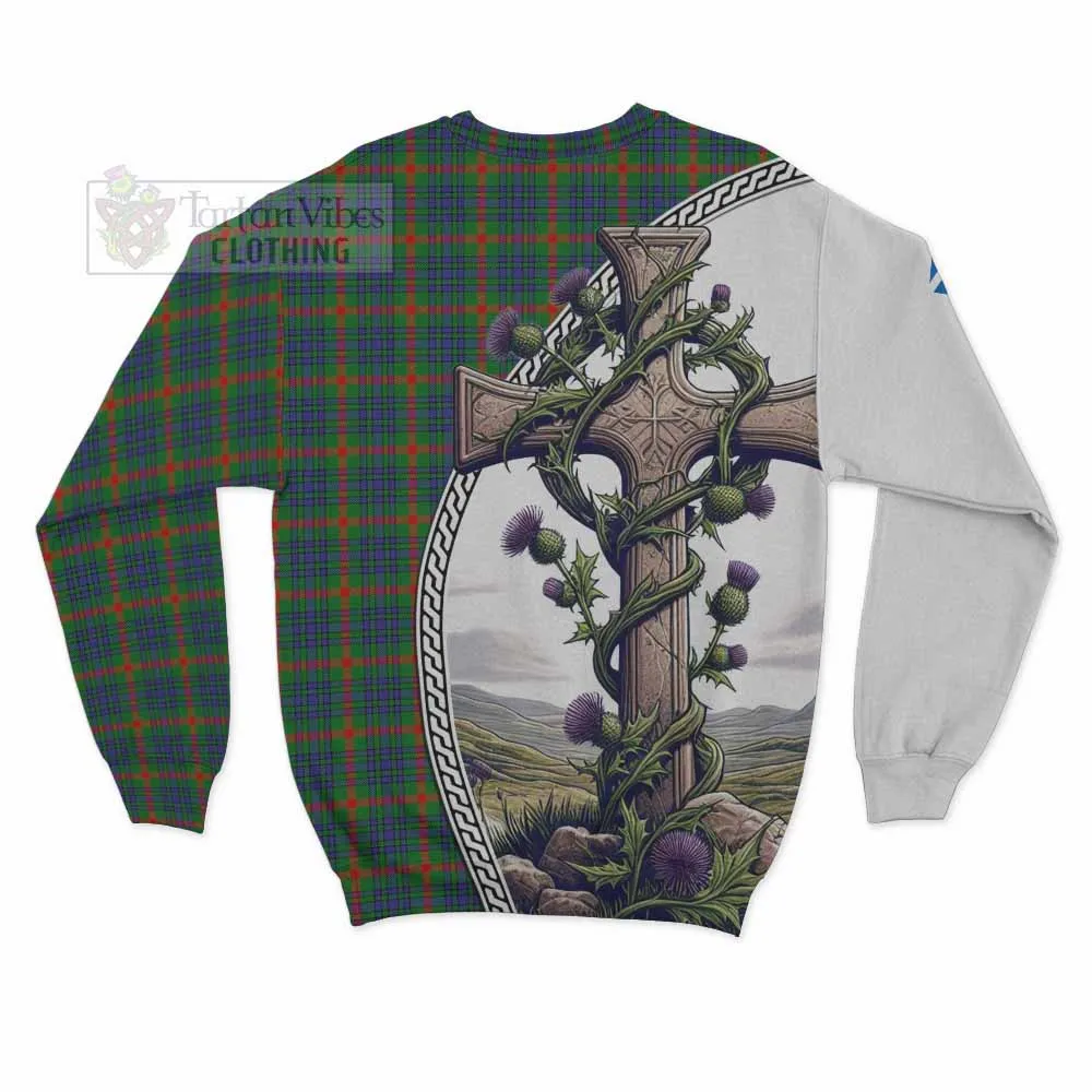 Aiton Tartan Sweatshirt with Family Crest and St. Andrew's Cross Accented by Thistle Vines