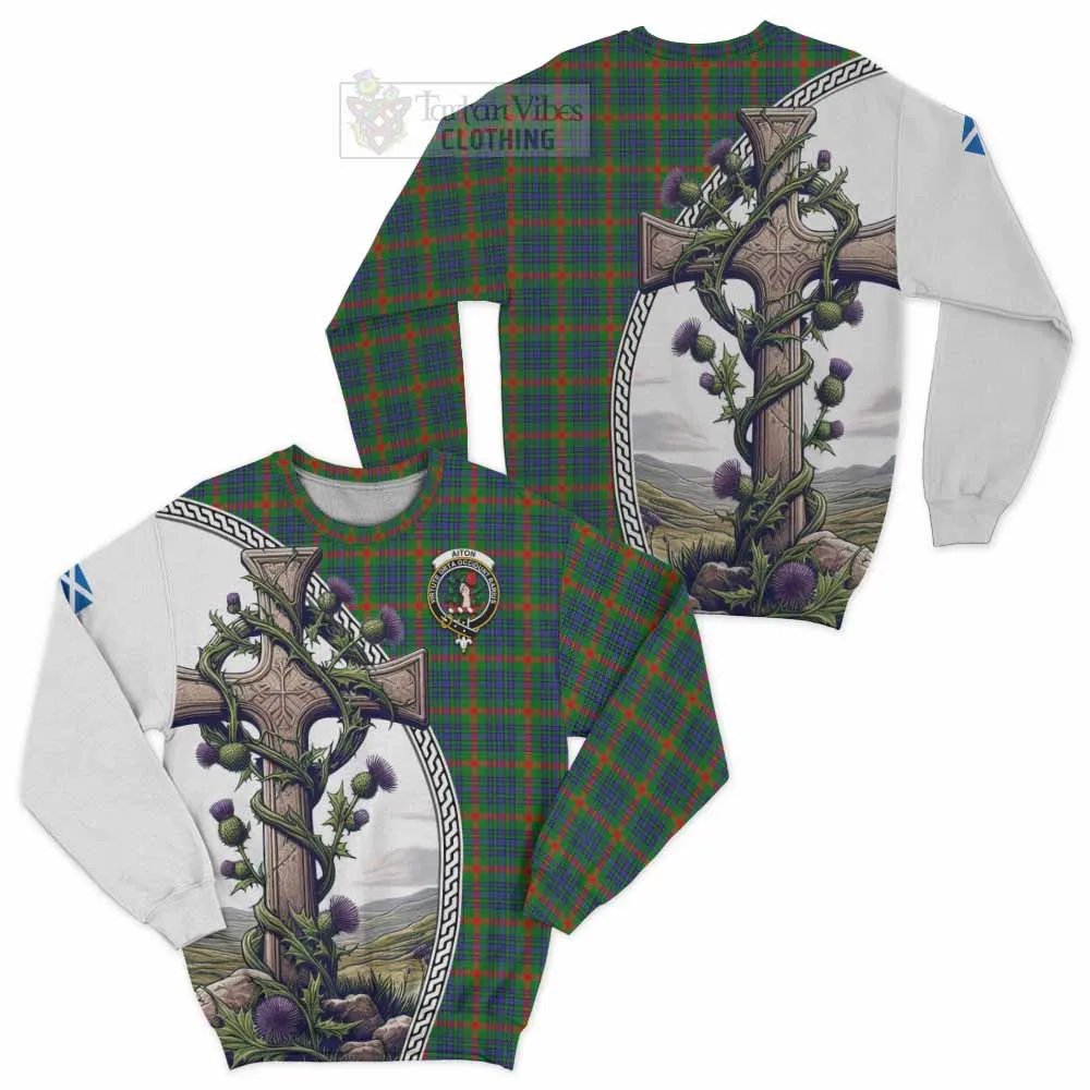 Aiton Tartan Sweatshirt with Family Crest and St. Andrew's Cross Accented by Thistle Vines