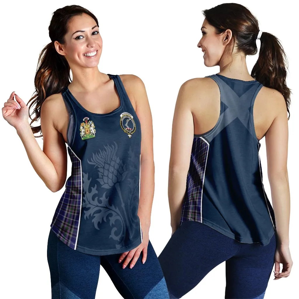 Alexander of Menstry Tartan Women's Racerback Tanks with Family Crest and Scottish Thistle Vibes Sport Style