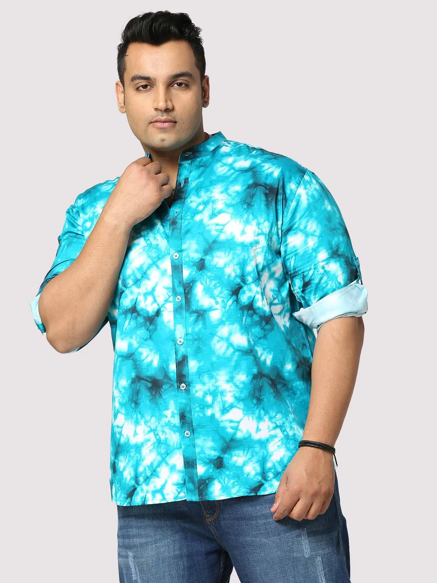 Aqua Digital Printed Chinese Collar Men's Plus Size Full Shirt