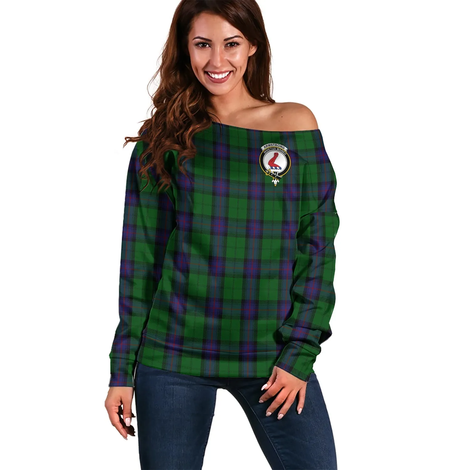 Armstrong Tartan Off Shoulder Women Sweater with Family Crest