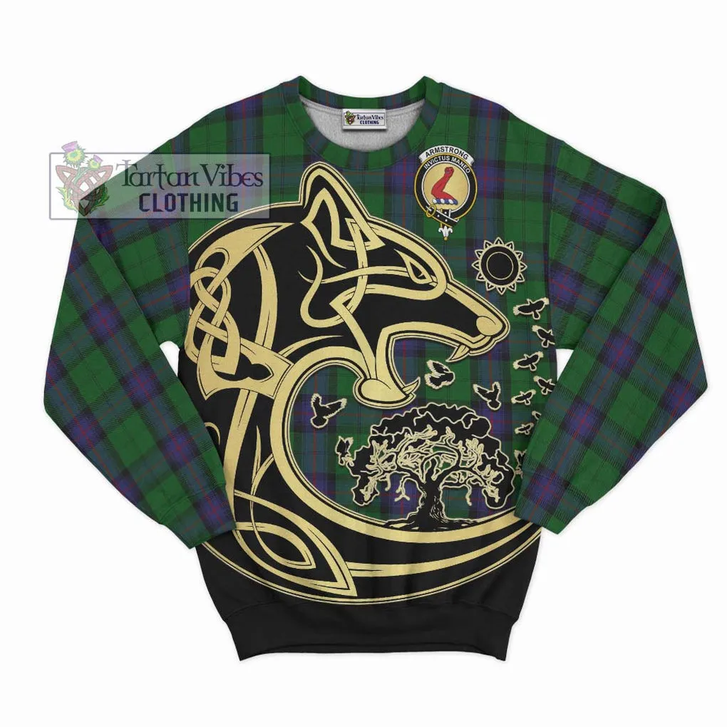 Armstrong Tartan Sweatshirt with Family Crest Celtic Wolf Style