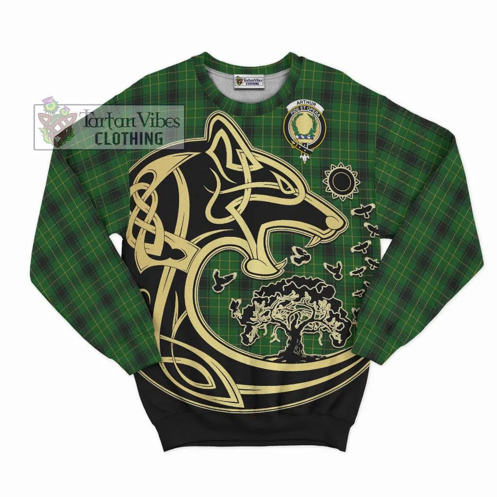 Arthur Highland Tartan Sweatshirt with Family Crest Celtic Wolf Style