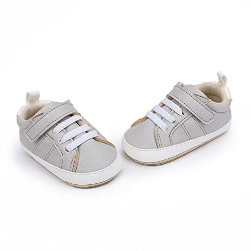 Baby Boys Girls Leather PRE-Walking Sneakers Toddler Anti-Slip Rubber Sole Infant Lightweight First Step Shoes (0301/Grey, Infant, 6 Months, Age Range, US Footwear Size System, 12 Months, Medium)