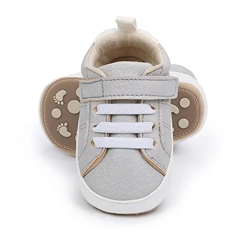 Baby Boys Girls Leather PRE-Walking Sneakers Toddler Anti-Slip Rubber Sole Infant Lightweight First Step Shoes (0301/Grey, Infant, 6 Months, Age Range, US Footwear Size System, 12 Months, Medium)