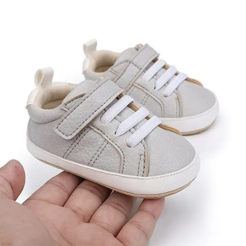 Baby Boys Girls Leather PRE-Walking Sneakers Toddler Anti-Slip Rubber Sole Infant Lightweight First Step Shoes (0301/Grey, Infant, 6 Months, Age Range, US Footwear Size System, 12 Months, Medium)