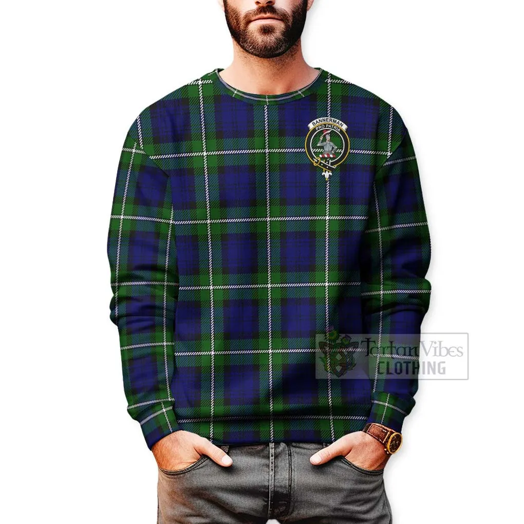 Bannerman Tartan Sweatshirt with Family Crest and Bearded Skull Holding Bottles of Whiskey