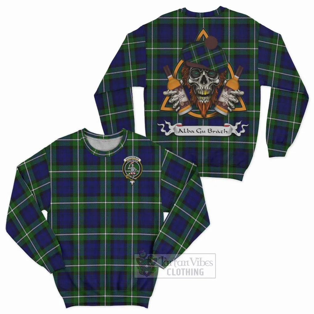 Bannerman Tartan Sweatshirt with Family Crest and Bearded Skull Holding Bottles of Whiskey