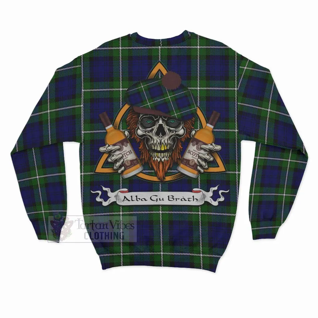 Bannerman Tartan Sweatshirt with Family Crest and Bearded Skull Holding Bottles of Whiskey