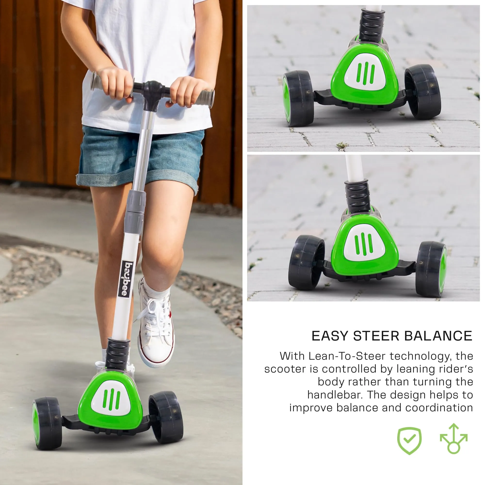 Baybee Dusty Kick Scooter for Kids, 3 Wheel Foldable Kids Scooter with 3 Height Adjustable Handle, Runner Scooter with Music & LED PU Wheels | Skate Scooter for Kids 3-12 Years Boy Girl (Grey/Green)