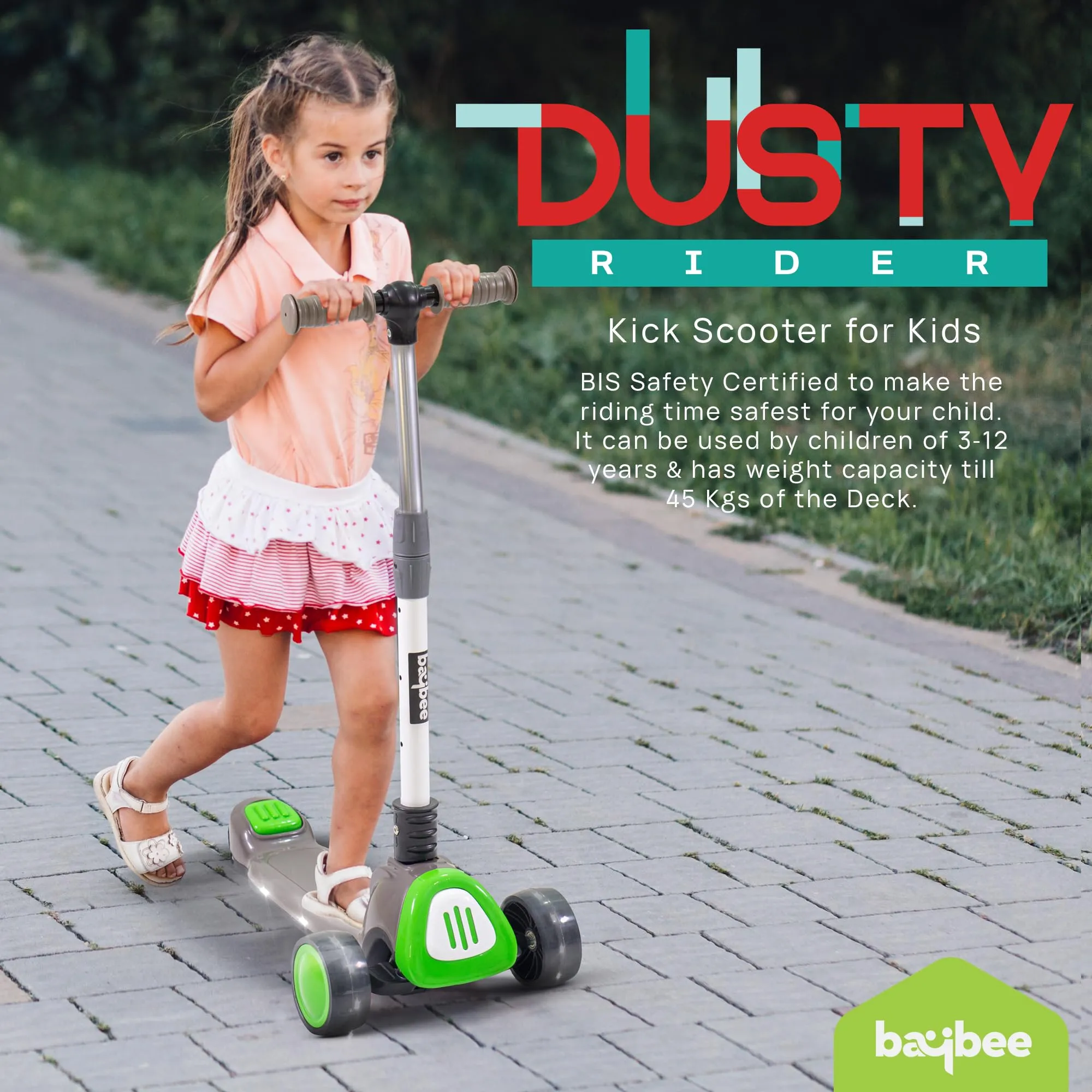 Baybee Dusty Kick Scooter for Kids, 3 Wheel Foldable Kids Scooter with 3 Height Adjustable Handle, Runner Scooter with Music & LED PU Wheels | Skate Scooter for Kids 3-12 Years Boy Girl (Grey/Green)