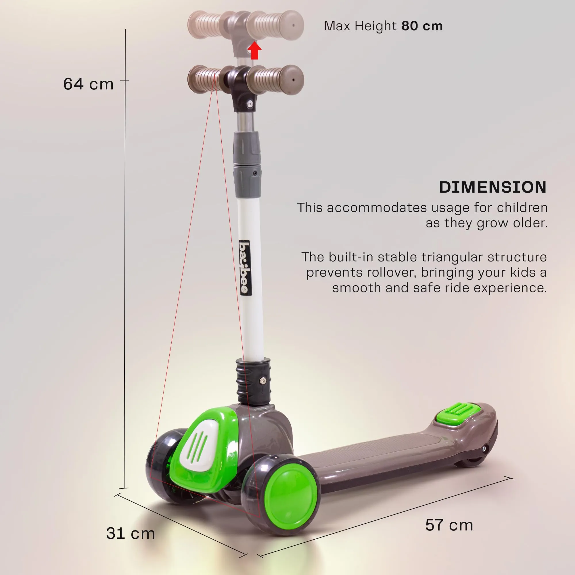 Baybee Dusty Kick Scooter for Kids, 3 Wheel Foldable Kids Scooter with 3 Height Adjustable Handle, Runner Scooter with Music & LED PU Wheels | Skate Scooter for Kids 3-12 Years Boy Girl (Grey/Green)