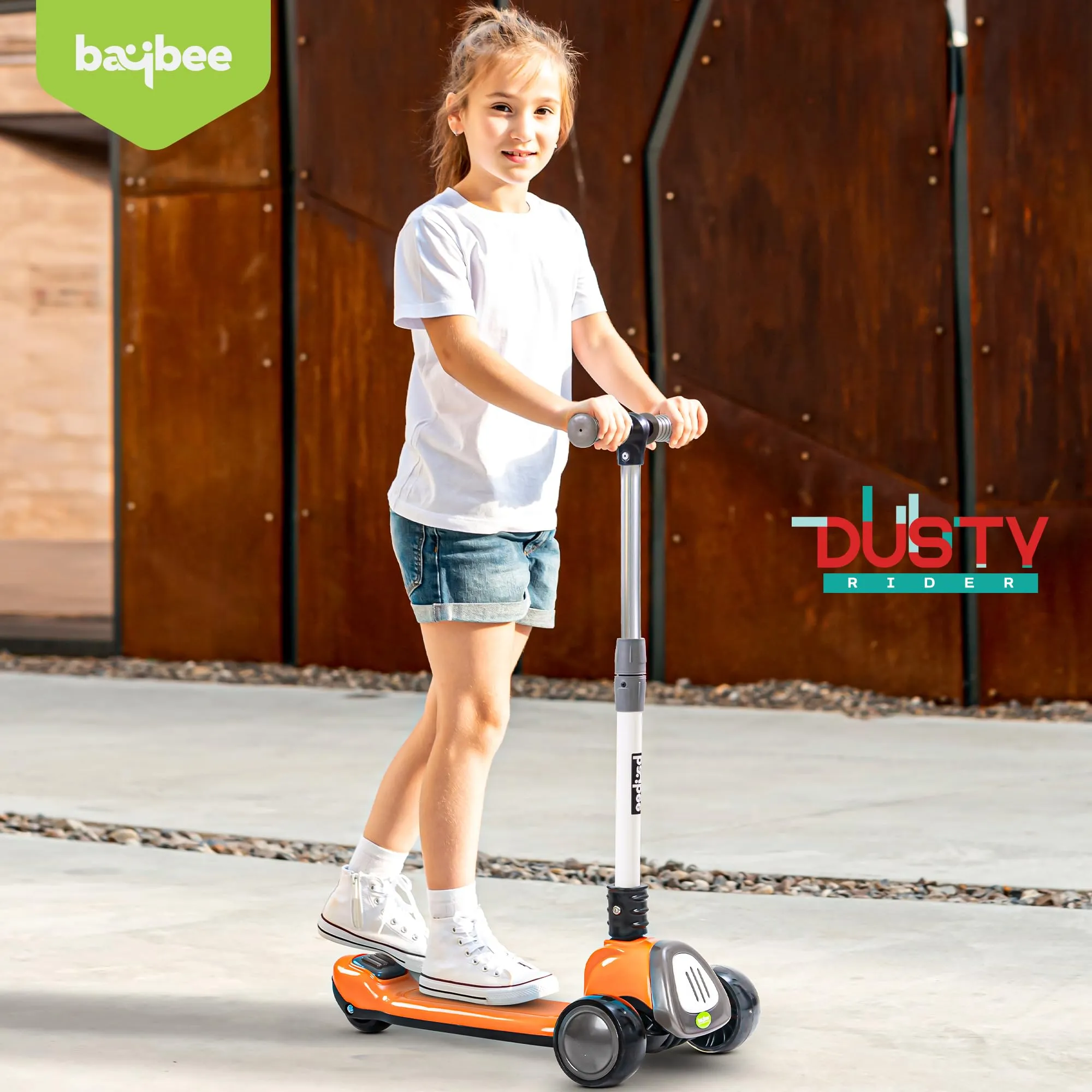 Baybee Dusty Kick Scooter for Kids, 3 Wheel Foldable Kids Scooter with 3 Height Adjustable Handle, Runner Scooter with Music & LED PU Wheels | Skate Scooter for Kids 3-12 Years Boy Girl (Orange/Grey)