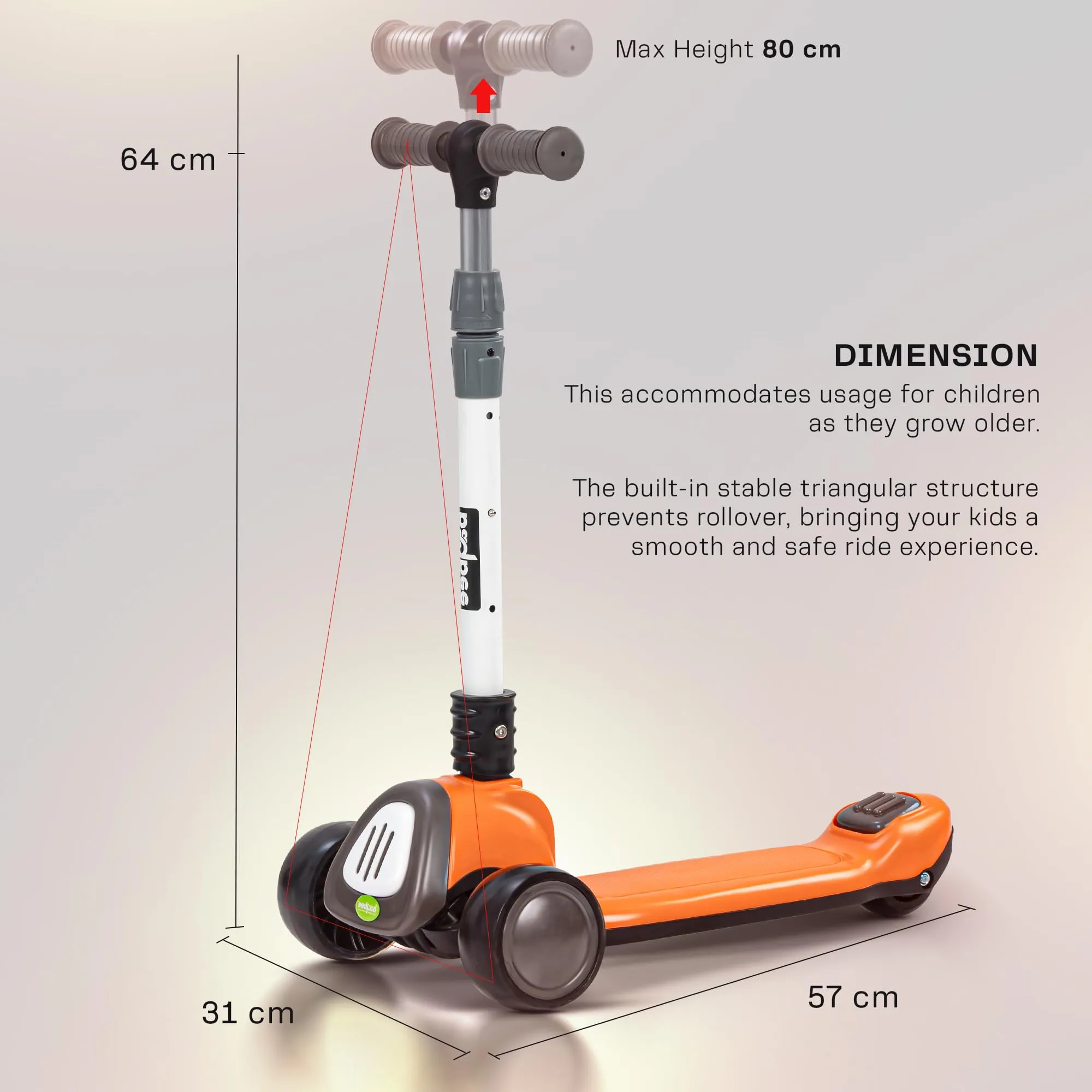 Baybee Dusty Kick Scooter for Kids, 3 Wheel Foldable Kids Scooter with 3 Height Adjustable Handle, Runner Scooter with Music & LED PU Wheels | Skate Scooter for Kids 3-12 Years Boy Girl (Orange/Grey)