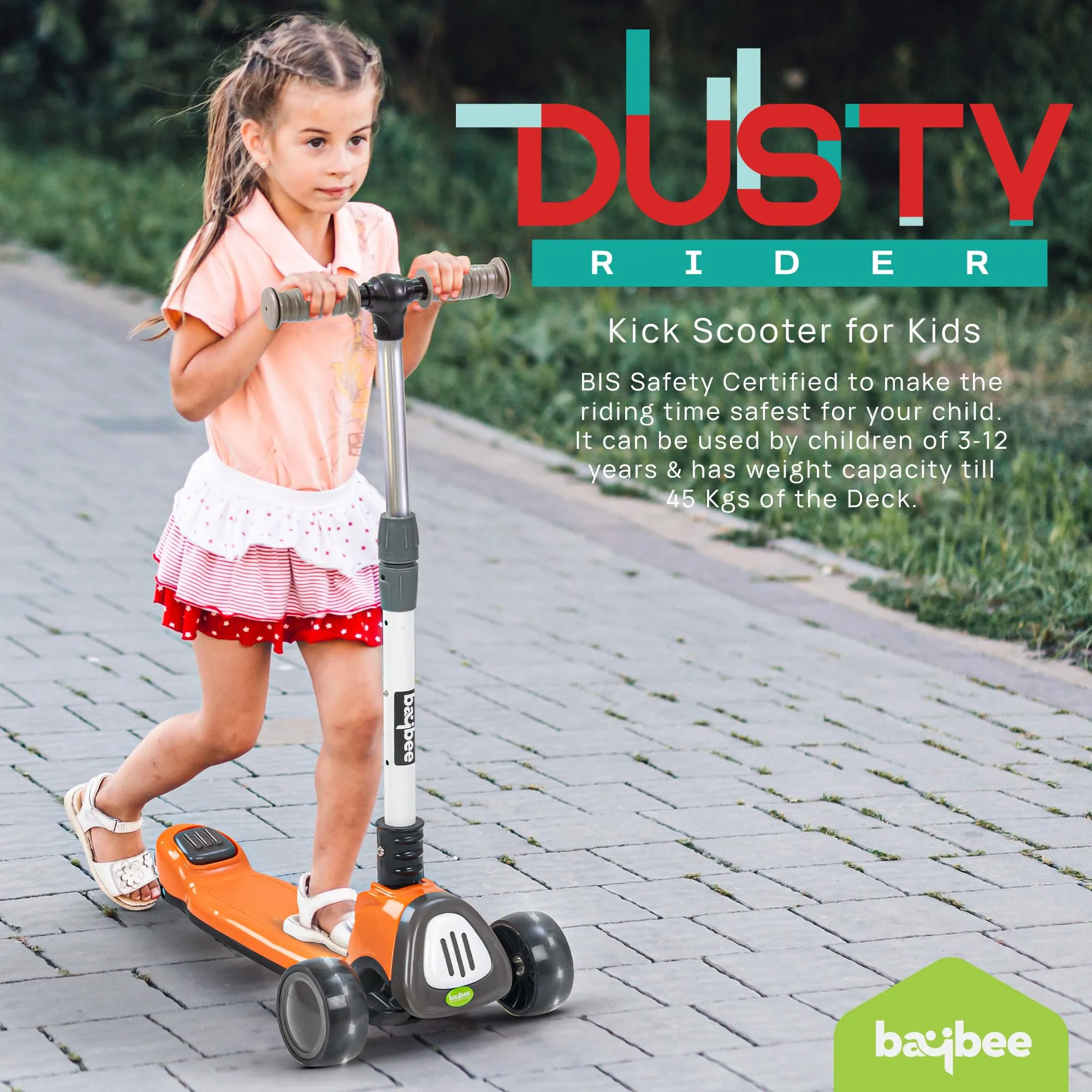 Baybee Dusty Kick Scooter for Kids, 3 Wheel Foldable Kids Scooter with 3 Height Adjustable Handle, Runner Scooter with Music & LED PU Wheels | Skate Scooter for Kids 3-12 Years Boy Girl (Orange/Grey)