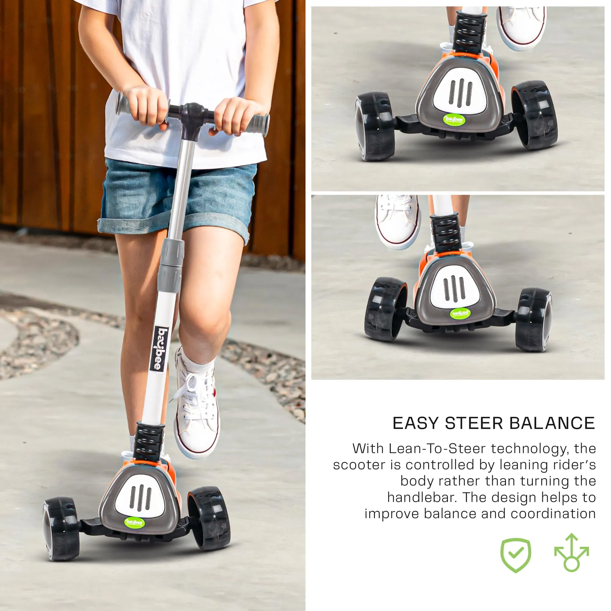 Baybee Dusty Kick Scooter for Kids, 3 Wheel Foldable Kids Scooter with 3 Height Adjustable Handle, Runner Scooter with Music & LED PU Wheels | Skate Scooter for Kids 3-12 Years Boy Girl (Orange/Grey)