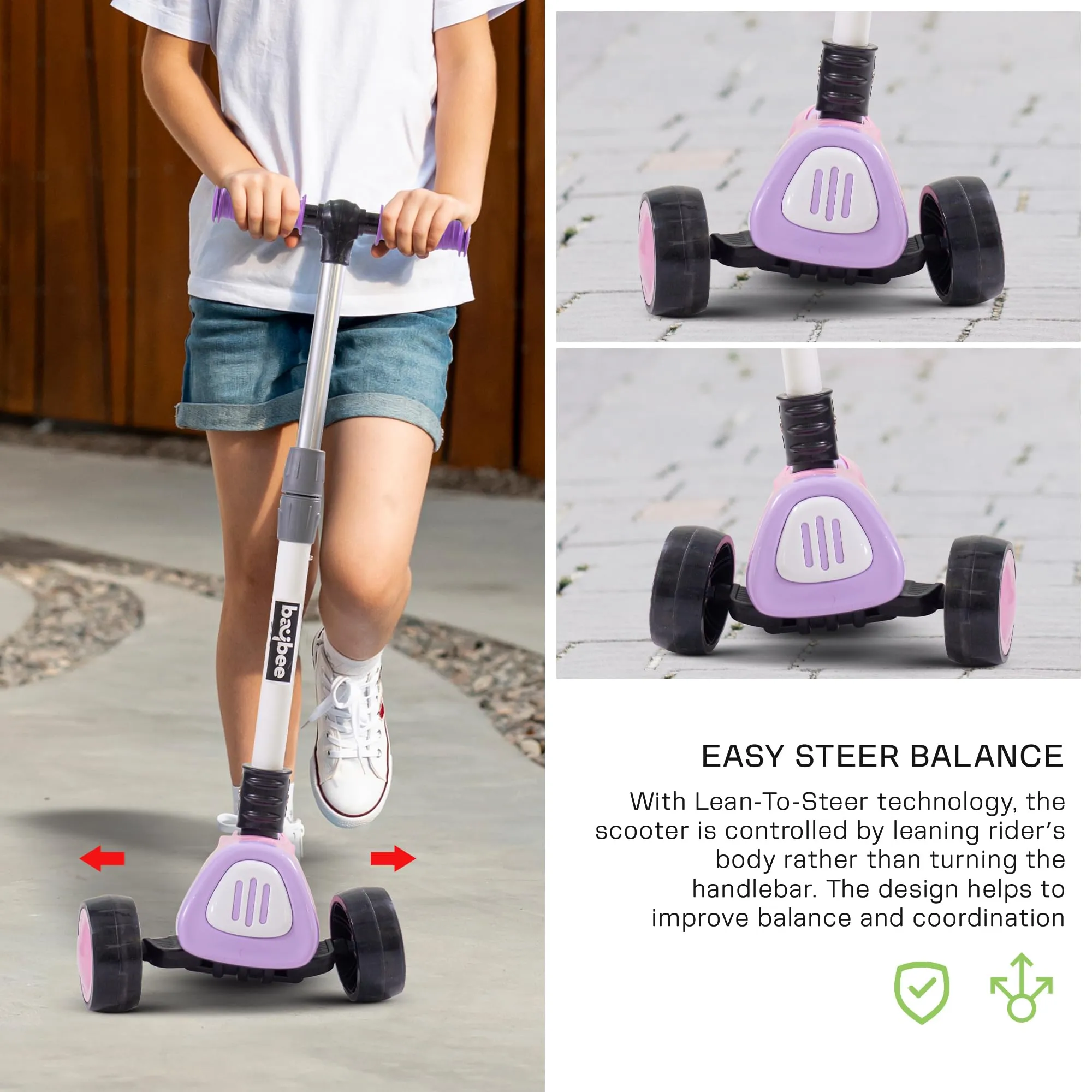 Baybee Dusty Kick Scooter for Kids, 3 Wheel Foldable Kids Scooter with 3 Height Adjustable Handle, Runner Scooter with Music & LED PU Wheels | Skate Scooter for Kids 3-12 Years Boy Girl (Pink/Purple)