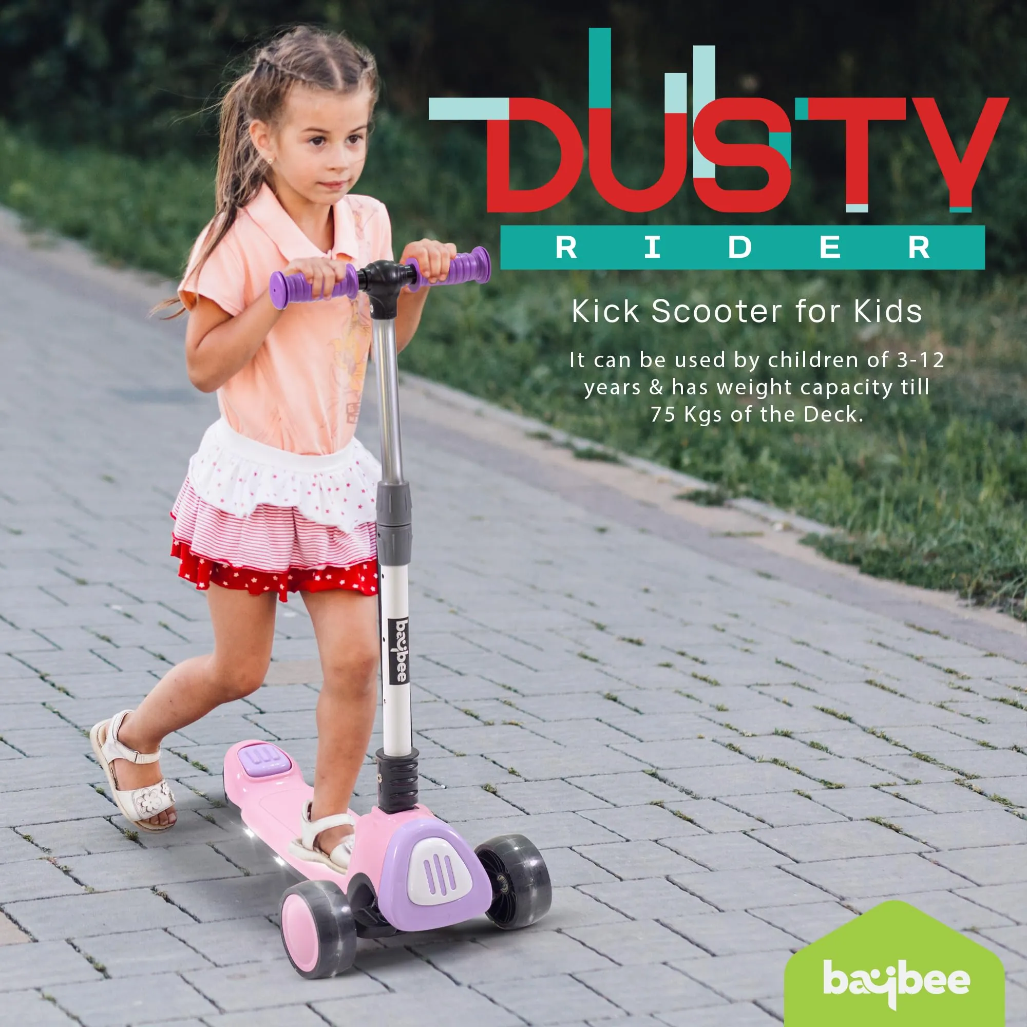 Baybee Dusty Kick Scooter for Kids, 3 Wheel Foldable Kids Scooter with 3 Height Adjustable Handle, Runner Scooter with Music & LED PU Wheels | Skate Scooter for Kids 3-12 Years Boy Girl (Pink/Purple)