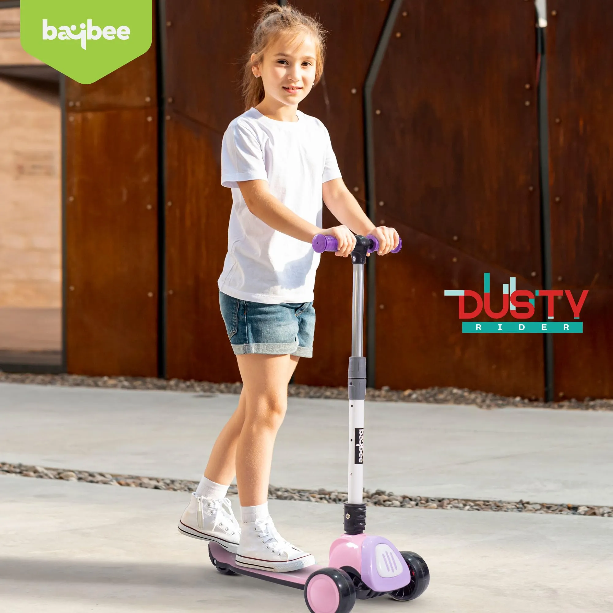 Baybee Dusty Kick Scooter for Kids, 3 Wheel Foldable Kids Scooter with 3 Height Adjustable Handle, Runner Scooter with Music & LED PU Wheels | Skate Scooter for Kids 3-12 Years Boy Girl (Pink/Purple)