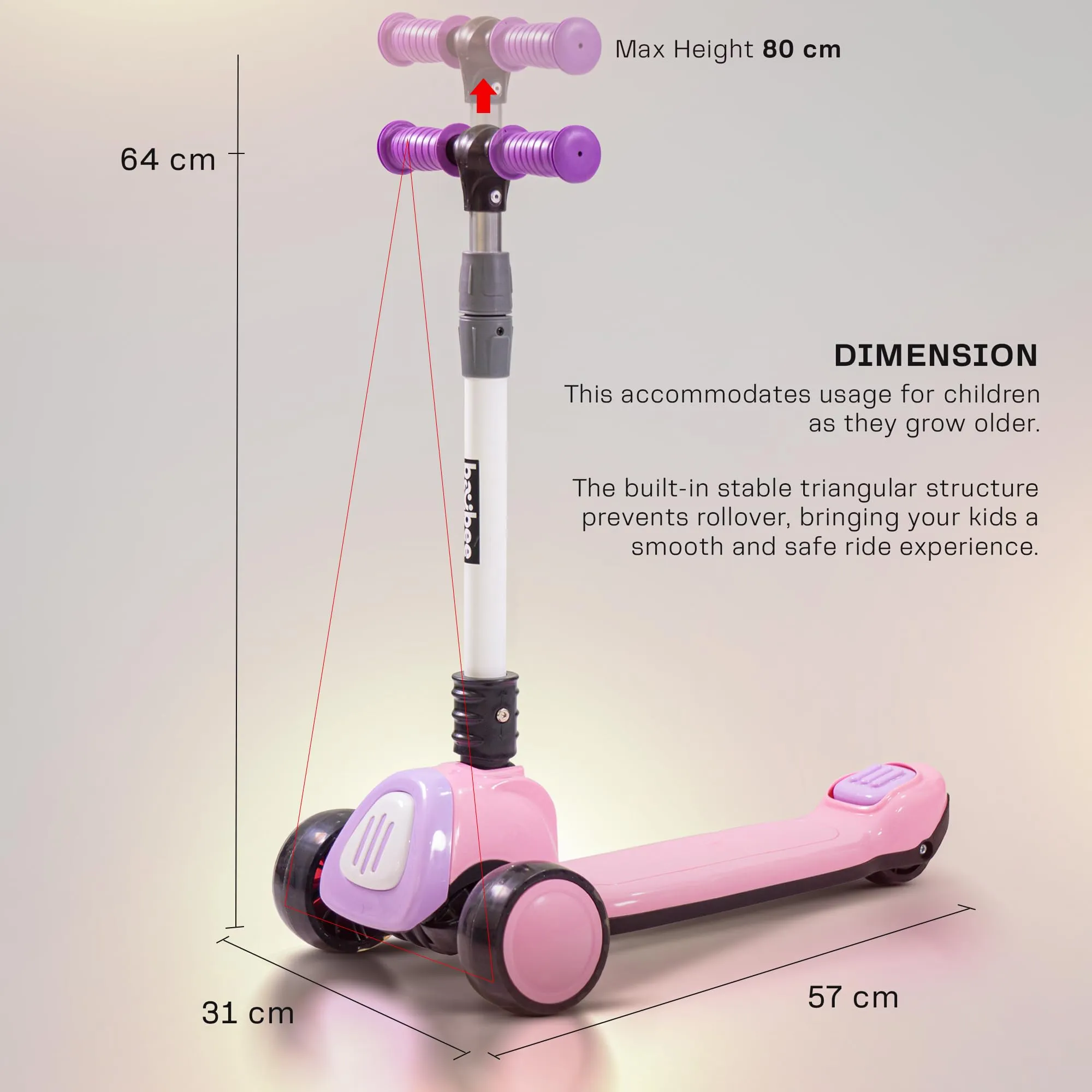 Baybee Dusty Kick Scooter for Kids, 3 Wheel Foldable Kids Scooter with 3 Height Adjustable Handle, Runner Scooter with Music & LED PU Wheels | Skate Scooter for Kids 3-12 Years Boy Girl (Pink/Purple)