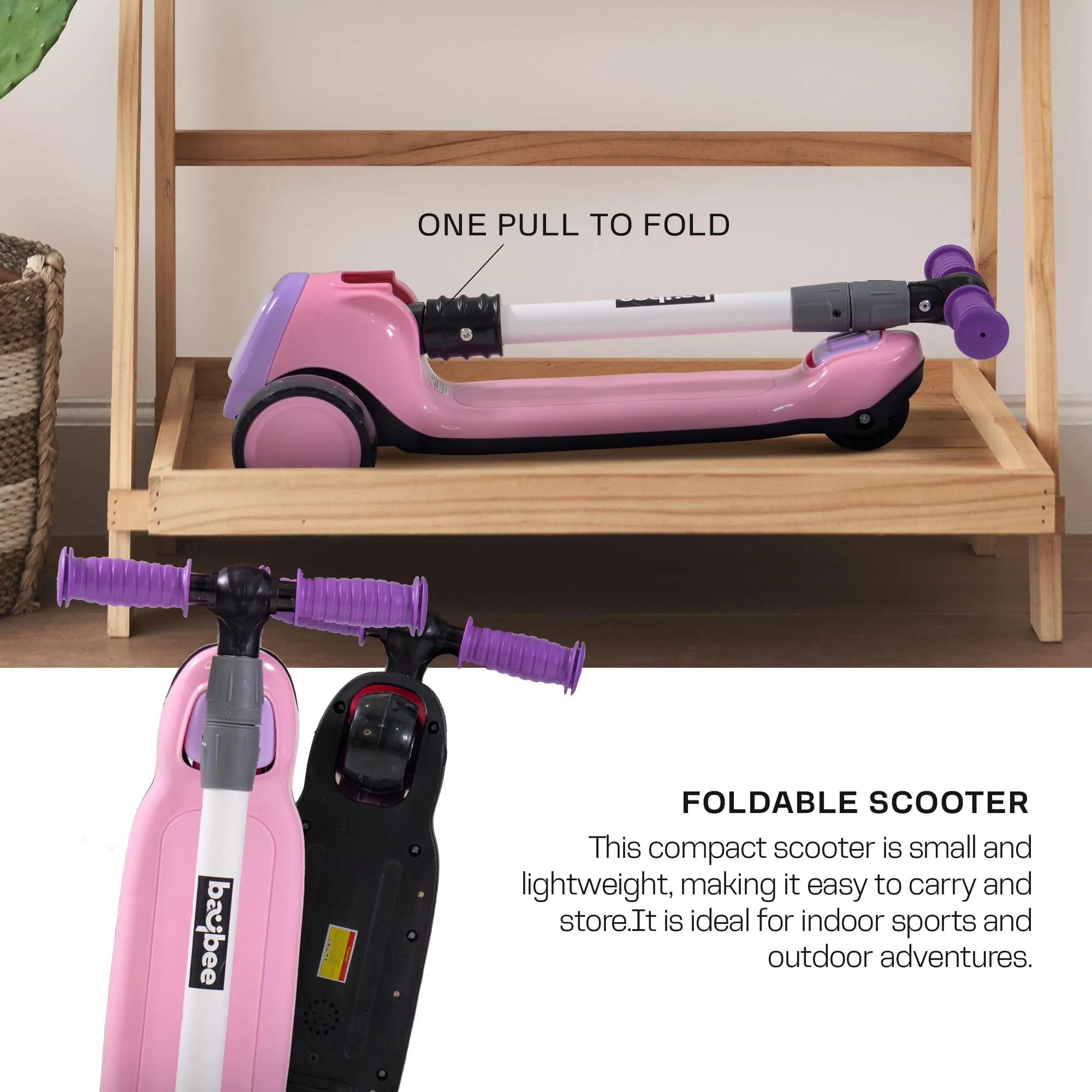 Baybee Dusty Kick Scooter for Kids, 3 Wheel Foldable Kids Scooter with 3 Height Adjustable Handle, Runner Scooter with Music & LED PU Wheels | Skate Scooter for Kids 3-12 Years Boy Girl (Pink/Purple)