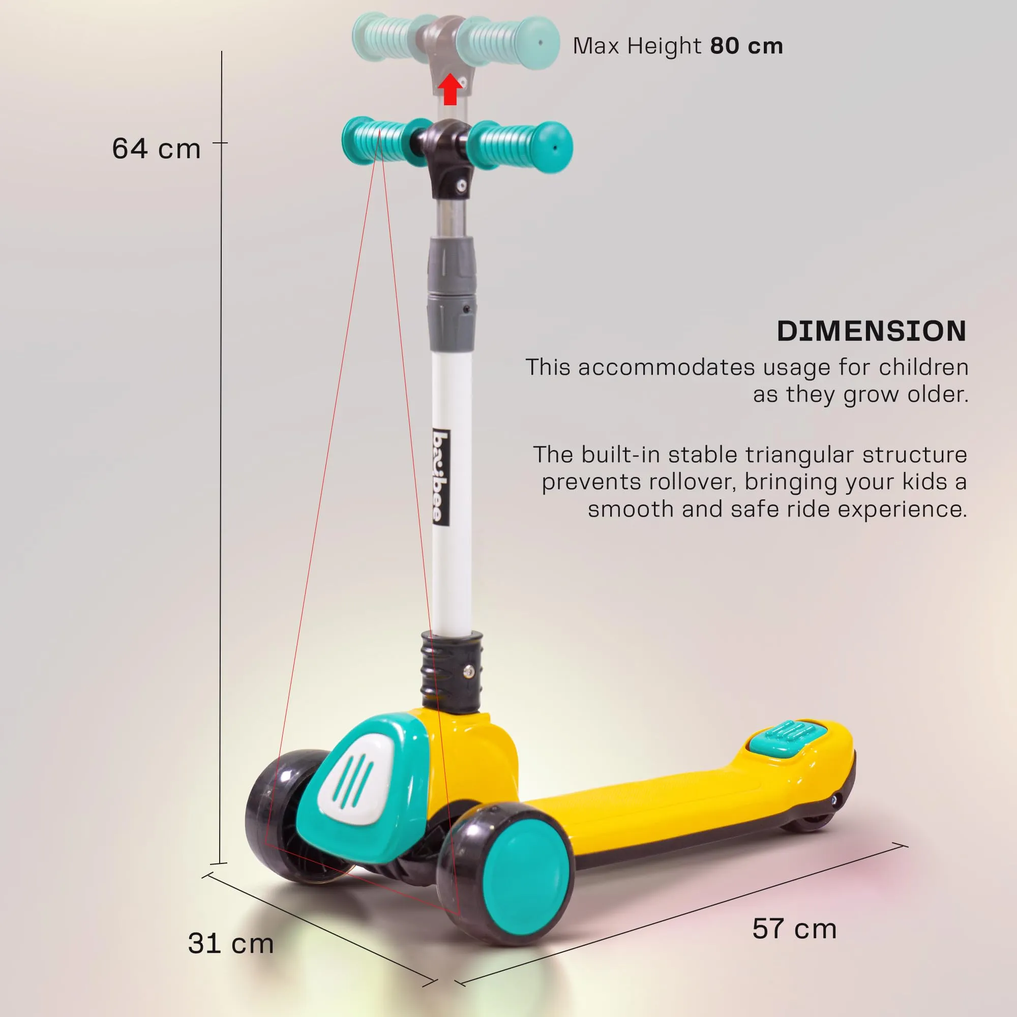 Baybee Dusty Kick Scooter for Kids, 3 Wheel Foldable Kids Scooter with 3 Height Adjustable Handle, Runner Scooter with Music & LED PU Wheels | Skate Scooter for Kids 3-12 Years Boy Girl (Yellow/Teal)