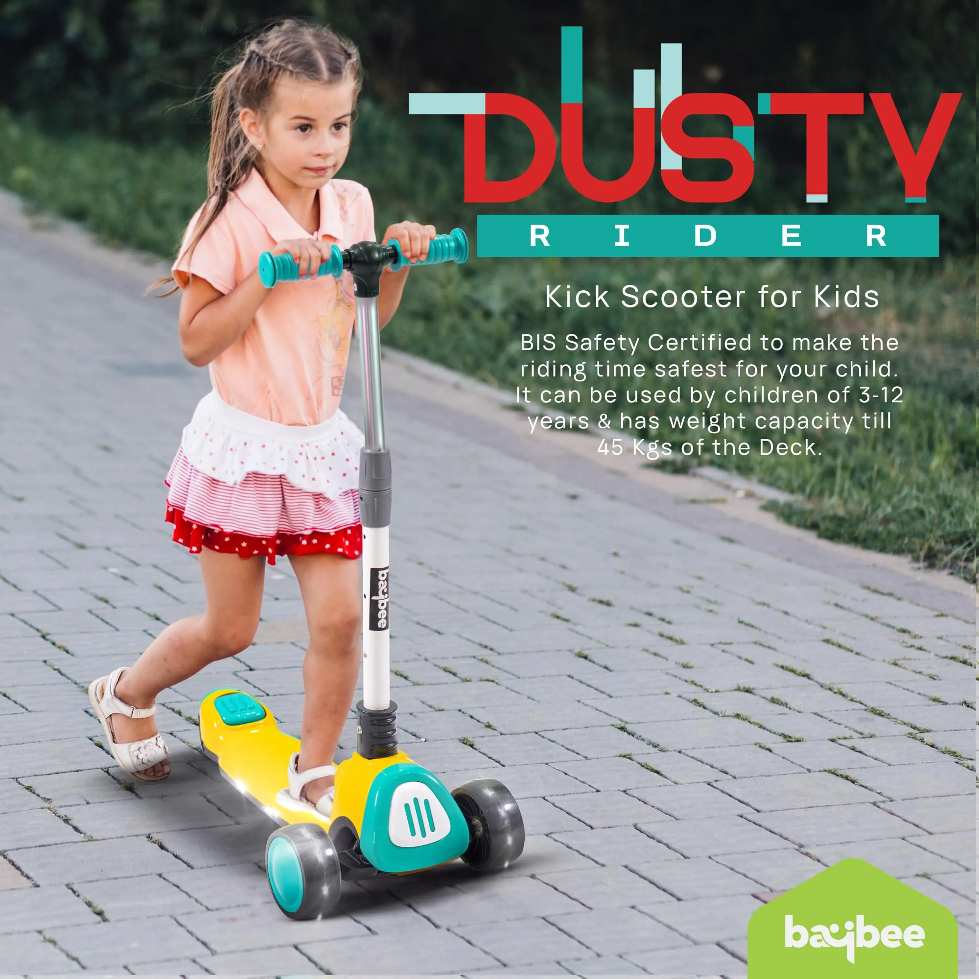 Baybee Dusty Kick Scooter for Kids, 3 Wheel Foldable Kids Scooter with 3 Height Adjustable Handle, Runner Scooter with Music & LED PU Wheels | Skate Scooter for Kids 3-12 Years Boy Girl (Yellow/Teal)