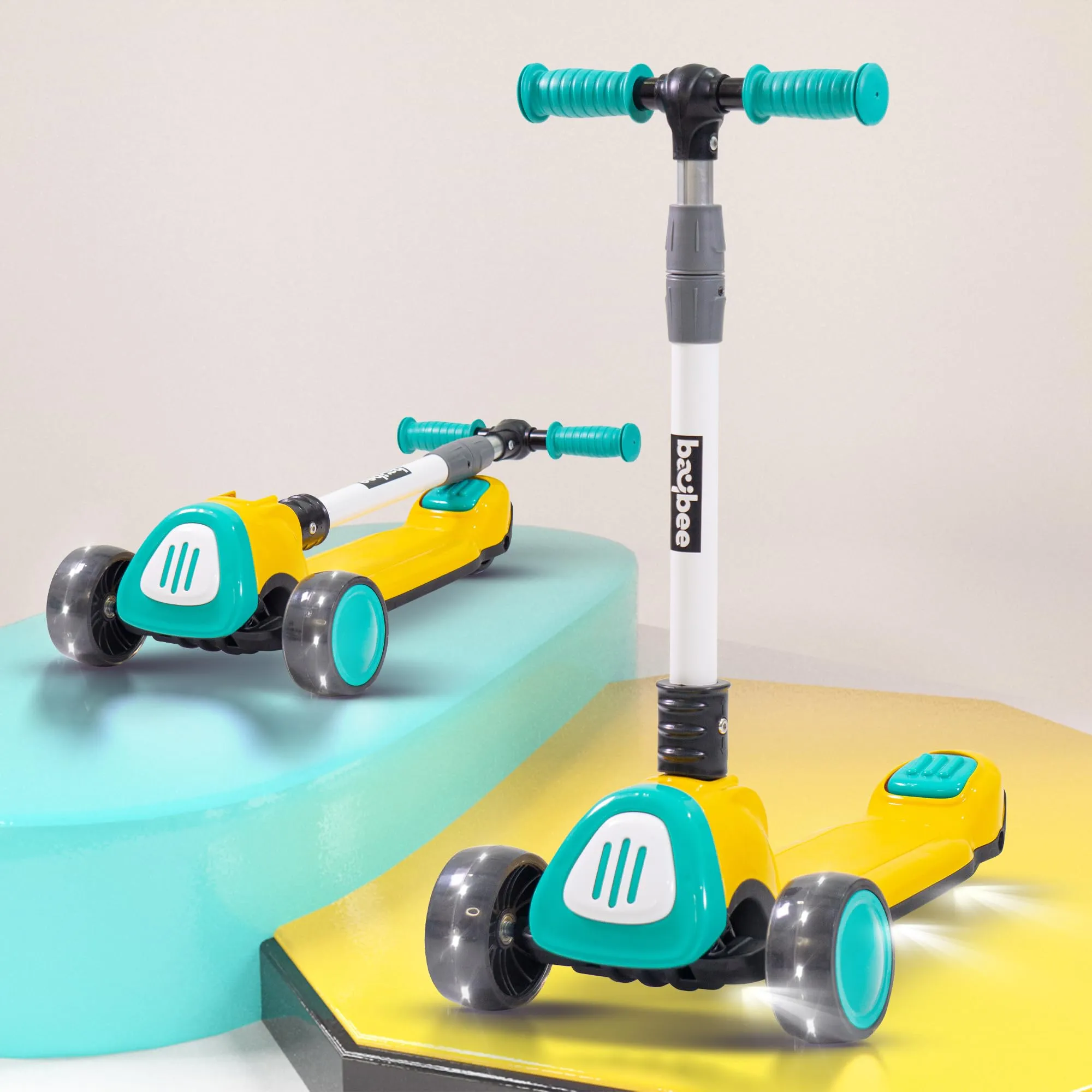 Baybee Dusty Kick Scooter for Kids, 3 Wheel Foldable Kids Scooter with 3 Height Adjustable Handle, Runner Scooter with Music & LED PU Wheels | Skate Scooter for Kids 3-12 Years Boy Girl (Yellow/Teal)