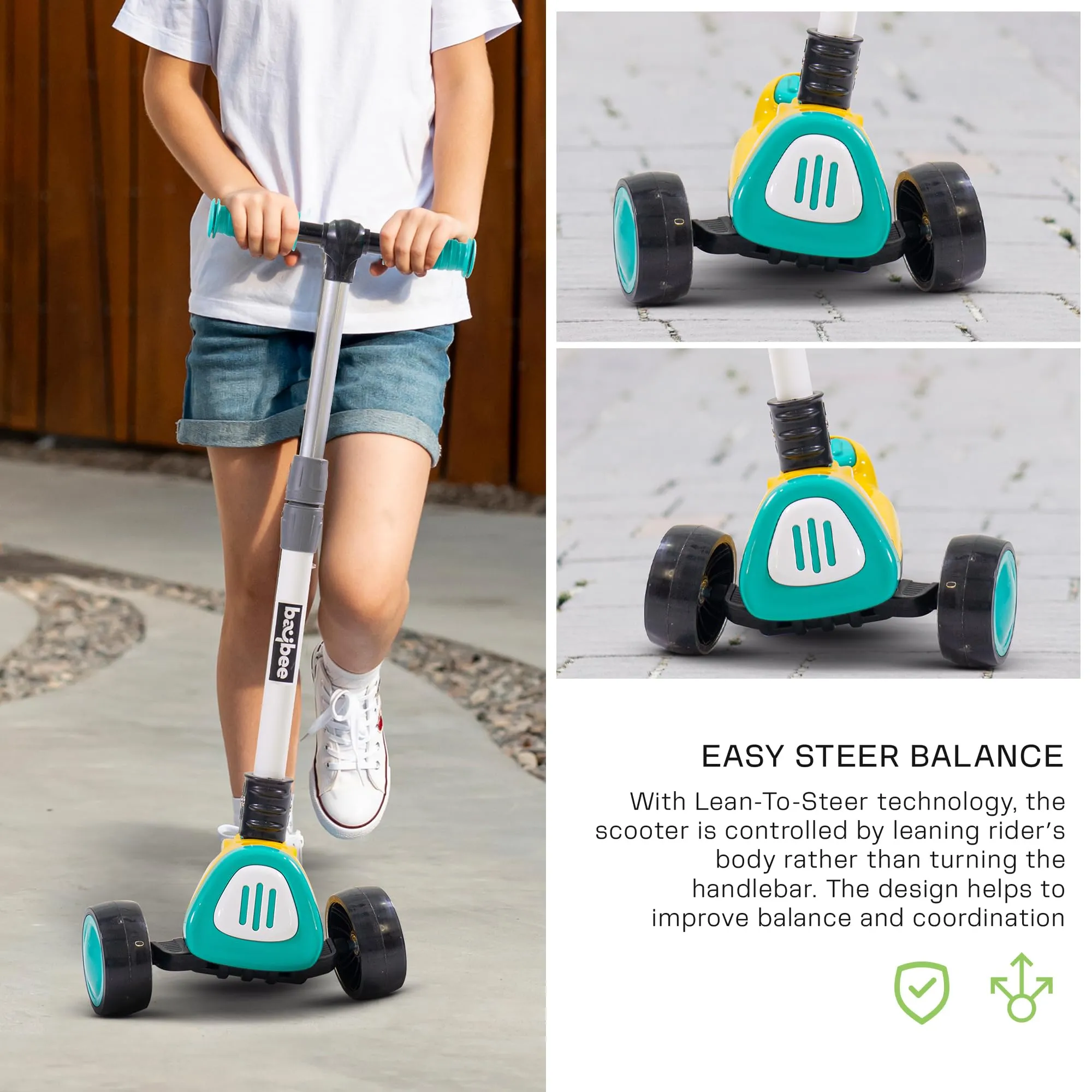 Baybee Dusty Kick Scooter for Kids, 3 Wheel Foldable Kids Scooter with 3 Height Adjustable Handle, Runner Scooter with Music & LED PU Wheels | Skate Scooter for Kids 3-12 Years Boy Girl (Yellow/Teal)