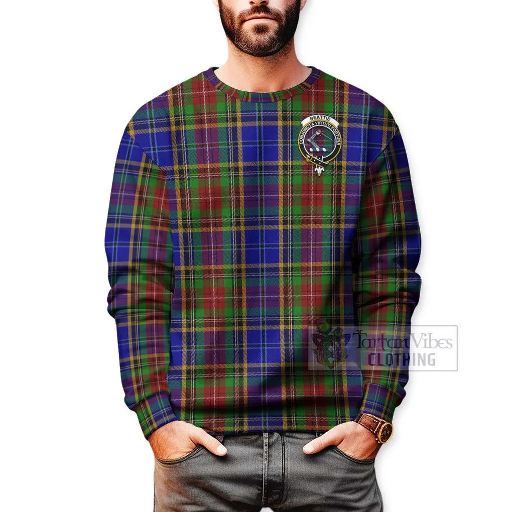 Beattie (Beatty) Tartan Sweatshirt with Family Crest and Bearded Skull Holding Bottles of Whiskey