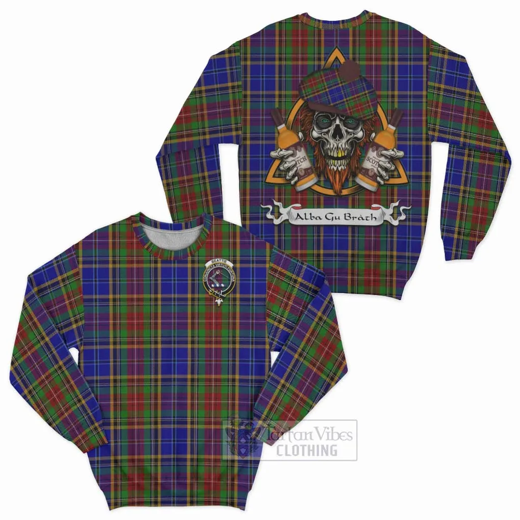 Beattie (Beatty) Tartan Sweatshirt with Family Crest and Bearded Skull Holding Bottles of Whiskey