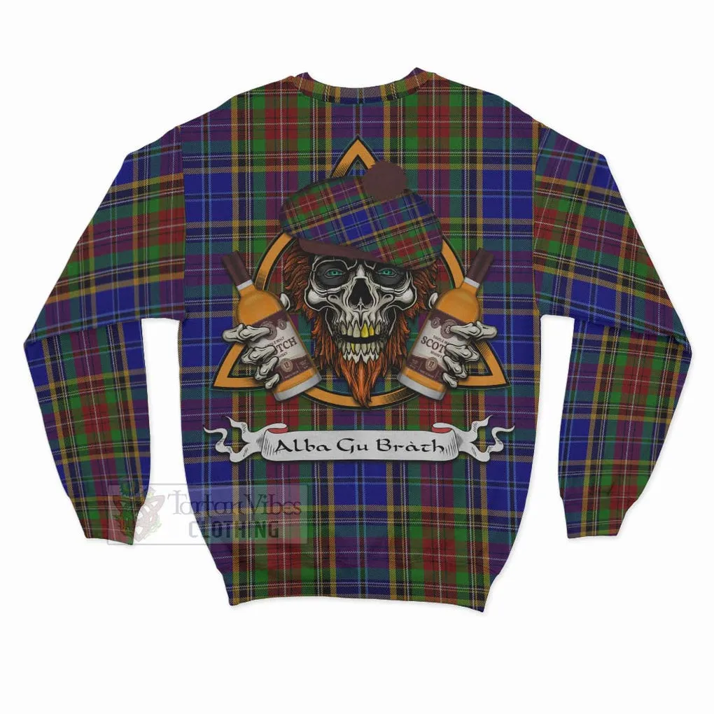 Beattie (Beatty) Tartan Sweatshirt with Family Crest and Bearded Skull Holding Bottles of Whiskey