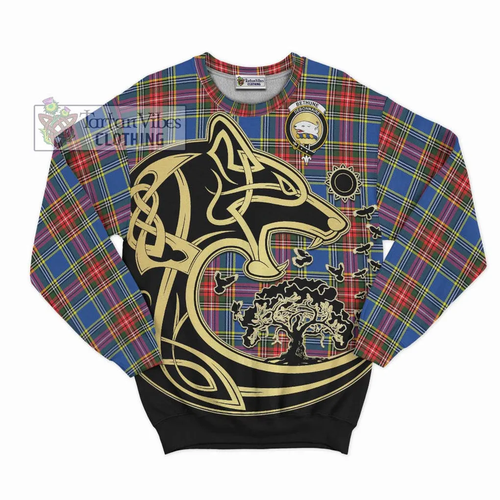 Bethune Tartan Sweatshirt with Family Crest Celtic Wolf Style