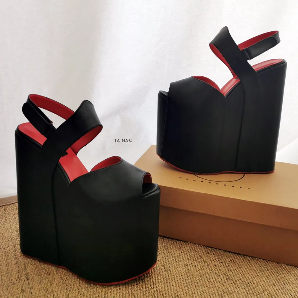 Black Red Extra Heel Wedge Sandals