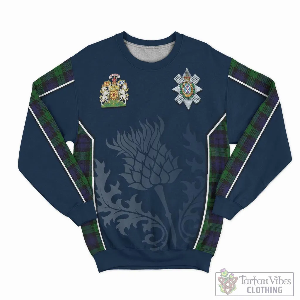 Black Watch Tartan Sweatshirt with Family Crest and Scottish Thistle Vibes Sport Style