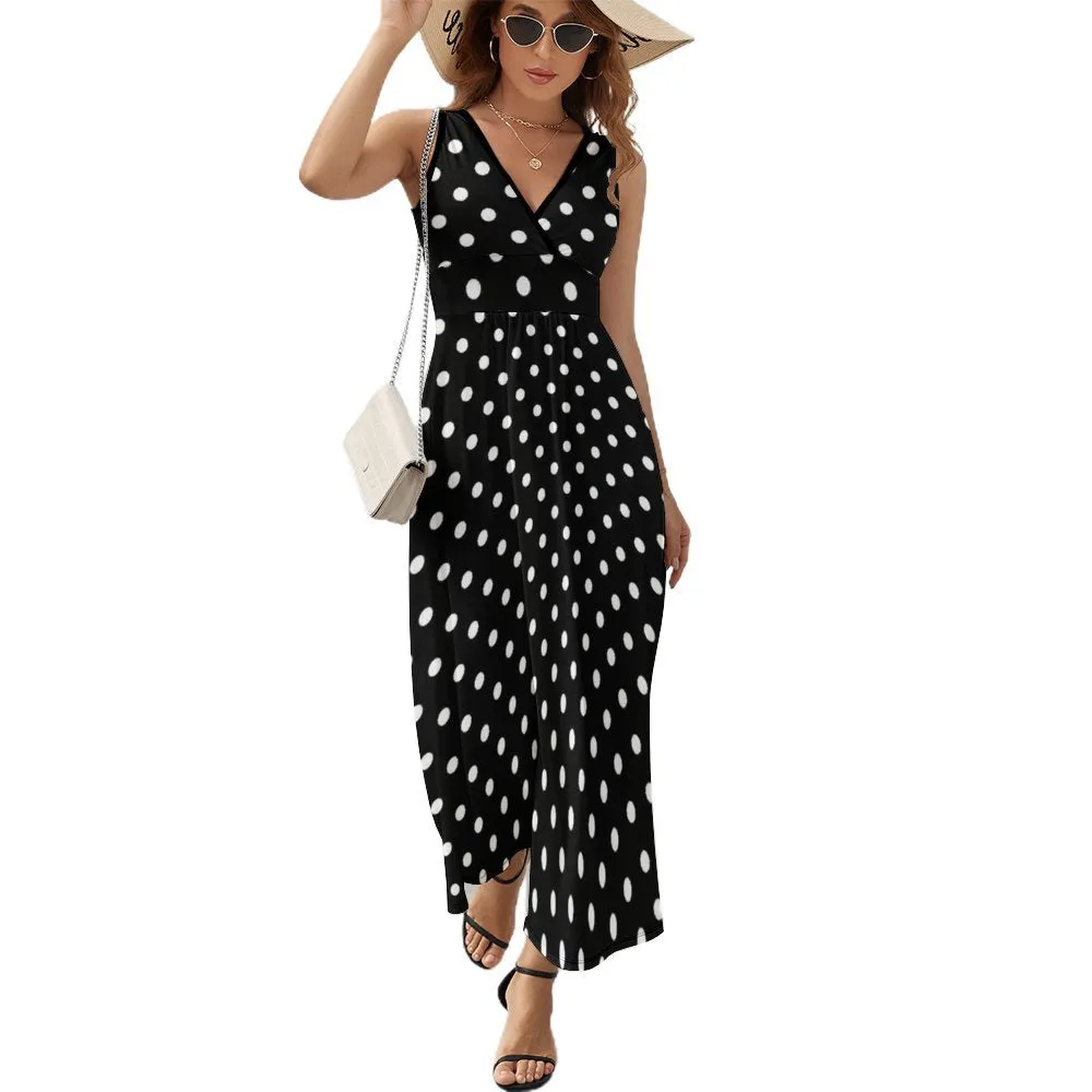 Black With White Polka Dots Women's Long Sleeveless Dress