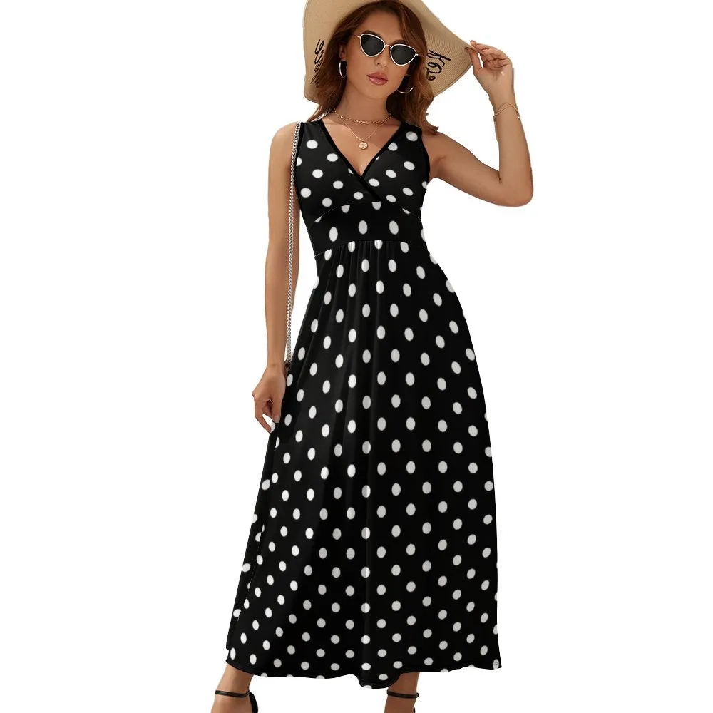 Black With White Polka Dots Women's Long Sleeveless Dress