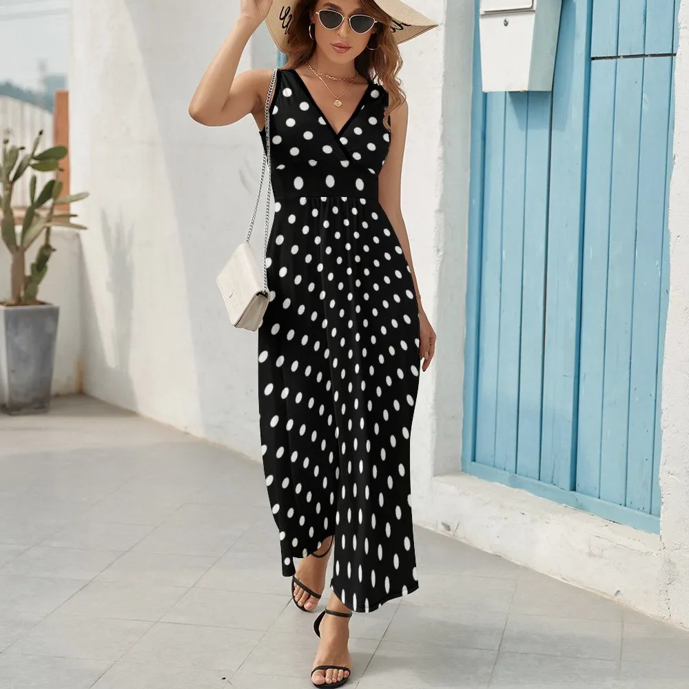 Black With White Polka Dots Women's Long Sleeveless Dress